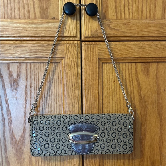 Guess Handbags - Vintage Rare Guess Beige Monogram Clutch with Brown Trim and Gold Chain